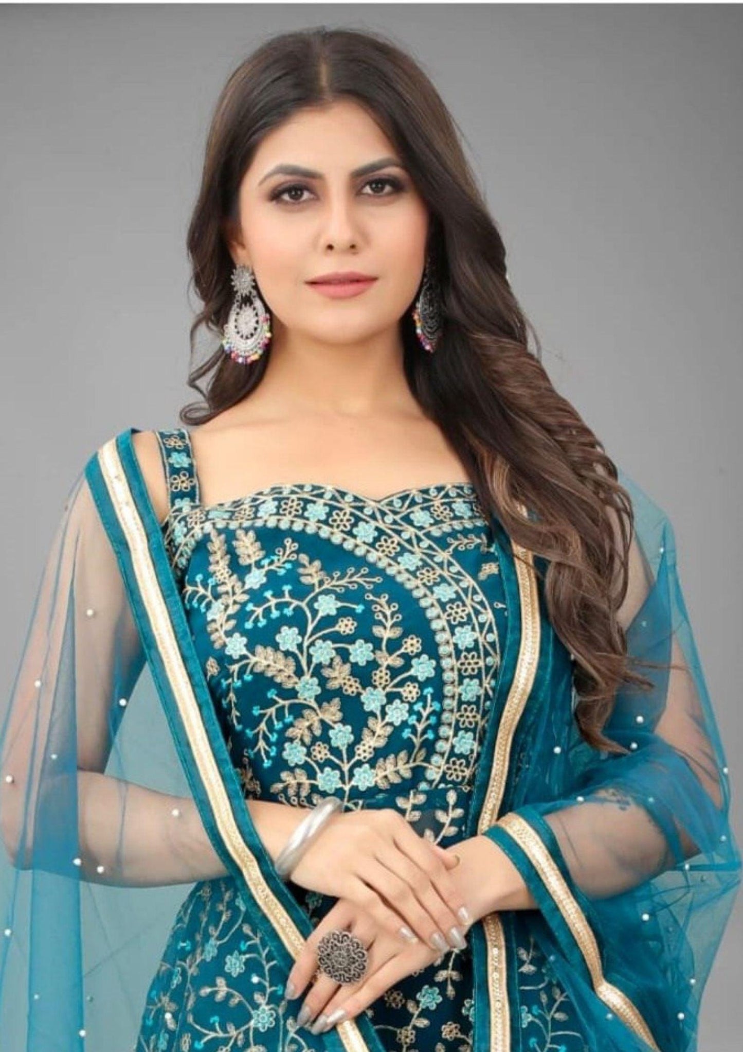 Nivantra Exquisite Rama Sharara Embroidery Work – Handcrafted Stitched Designs, Traditional and Elegant Craftsmanship for a Unique Fashion Statement.