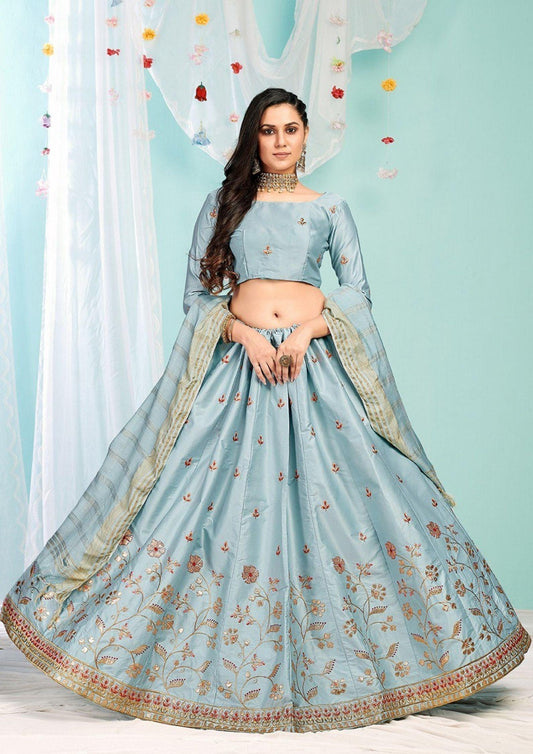 Aasmani Color Embroidery Designer Lehenga Choli For Wedding And Festive Season