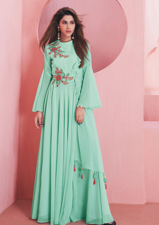 Aasmani Color Faux Georgette Designer Gown For Party , Weading And Festival Season.