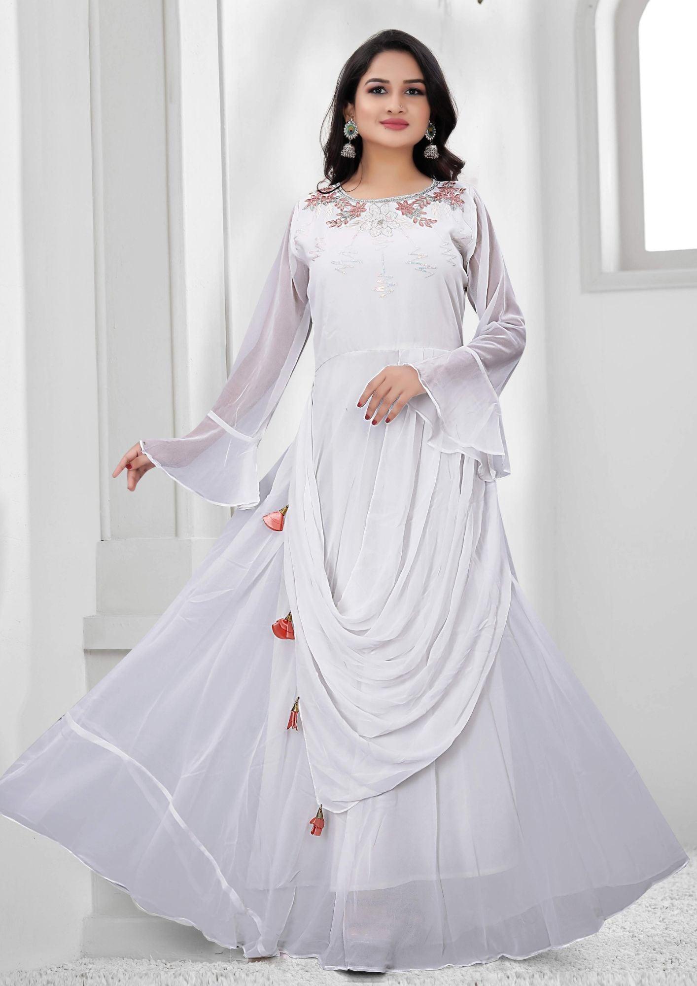 White Color Faux Georgette Designer Gown For Party , Weading And Festival Season.