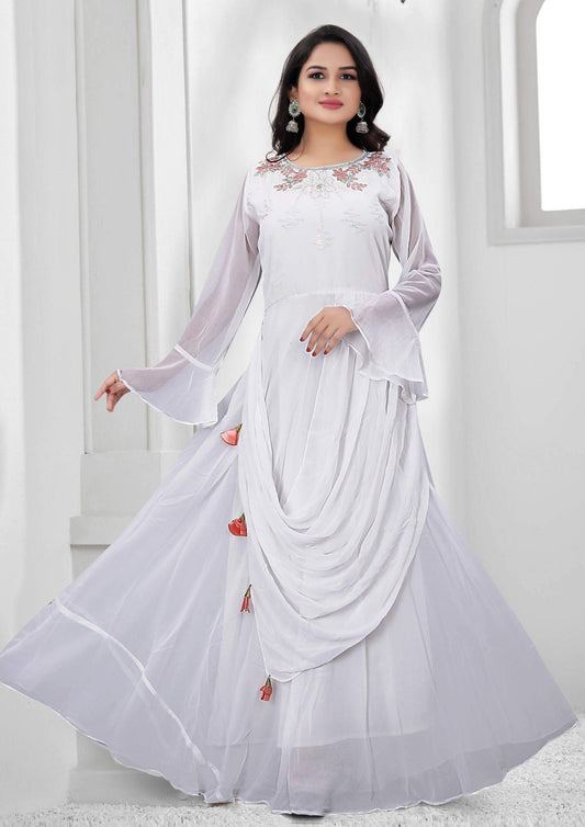White Color Faux Georgette Designer Gown For Party , Weading And Festival Season.
