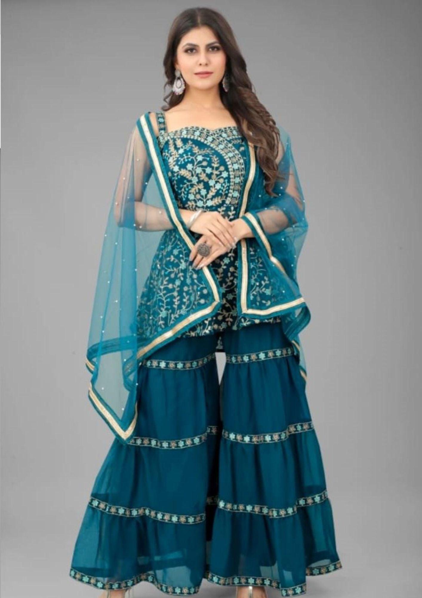 Nivantra Exquisite Rama Sharara Embroidery Work – Handcrafted Stitched Designs, Traditional and Elegant Craftsmanship for a Unique Fashion Statement.