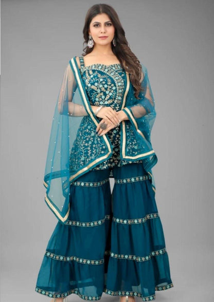 Nivantra Exquisite Rama Sharara Embroidery Work – Handcrafted Stitched Designs, Traditional and Elegant Craftsmanship for a Unique Fashion Statement.