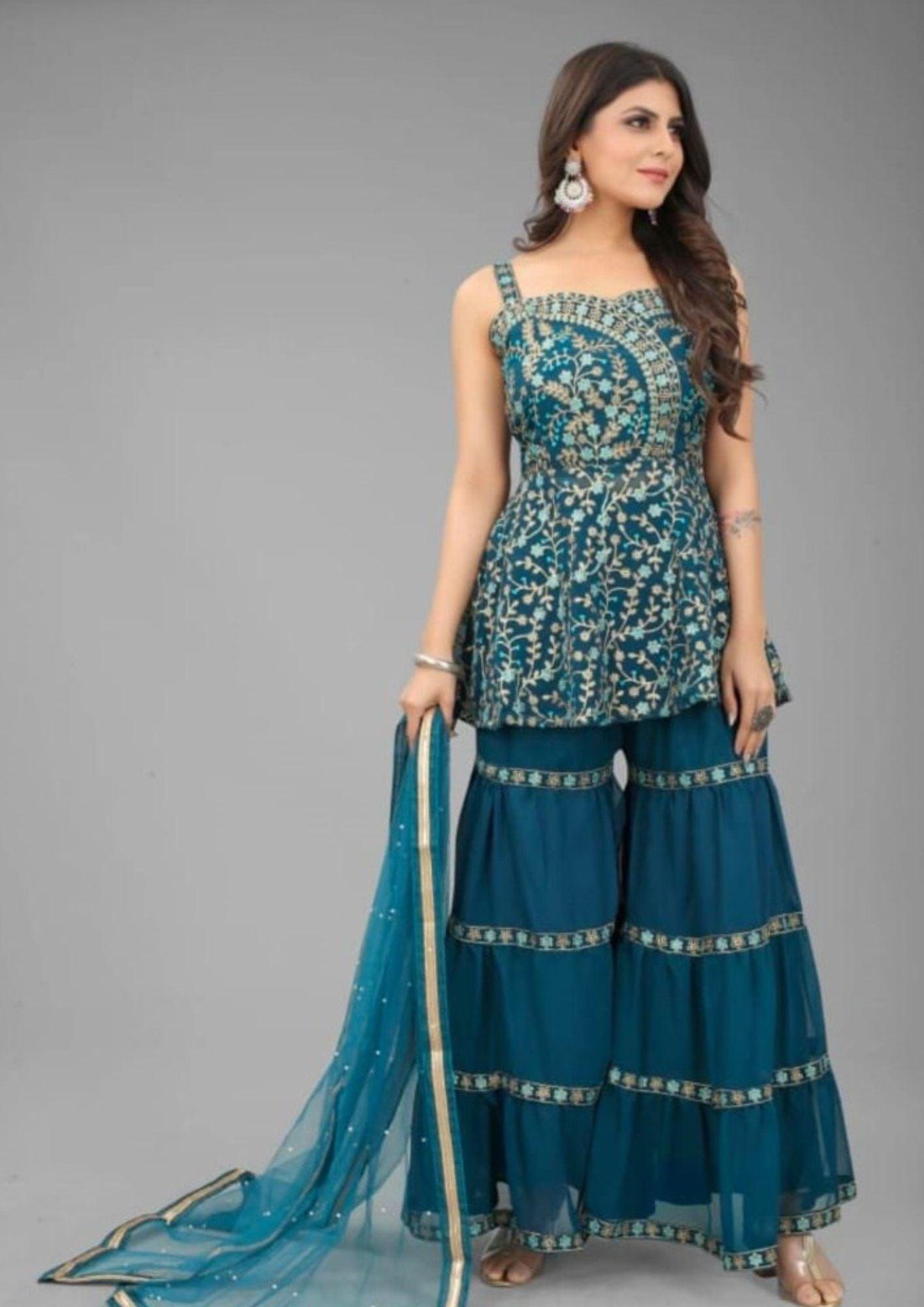Nivantra Exquisite Rama Sharara Embroidery Work – Handcrafted Stitched Designs, Traditional and Elegant Craftsmanship for a Unique Fashion Statement.