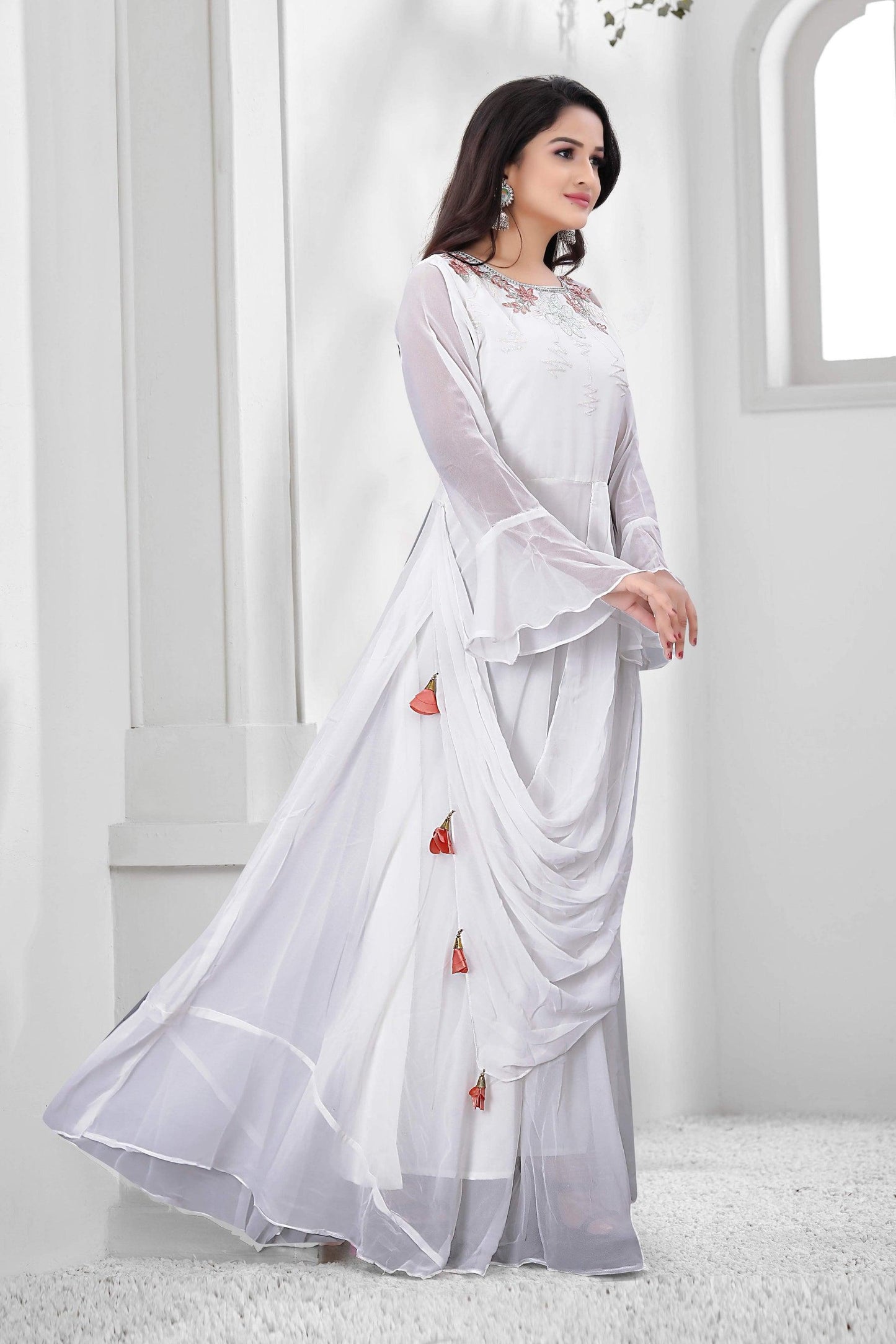 White Color Faux Georgette Designer Gown For Party , Weading And Festival Season.