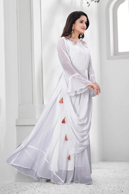 White Color Faux Georgette Designer Gown For Party , Weading And Festival Season.