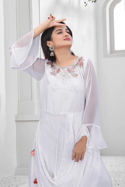 White Color Faux Georgette Designer Gown For Party , Weading And Festival Season.