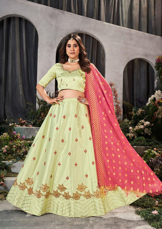 Pista Color Gottapatti Embroidery Designer Lehenga Choli For Wedding And Festive Season