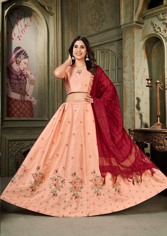 Peach Color Gottapatti Embroidery Designer Lehenga Choli For Wedding And Festive Season